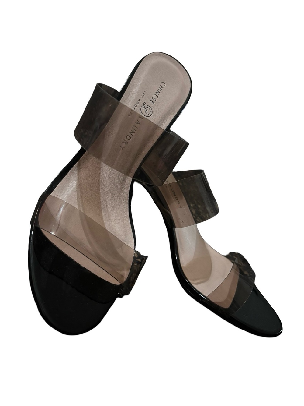 Chinese Laundry Black and Clear Double-Strap Slide Mules